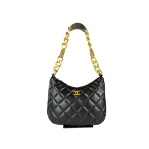 Chanel 23A Black Sheepskin Hobo Handbag with Yellow Chain