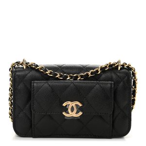 CHANEL Caviar Quilted Pocket Twins Clutch With Chain Black
