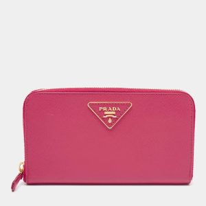 Prada Metal Saffiano Lux Zip Around Wallet Pink